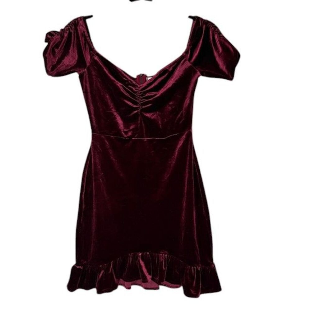 Privacy Please Riley Burgundy Maroon Velvet Ruffle Hem Mini Dress Size Small - Picture 5 of 14